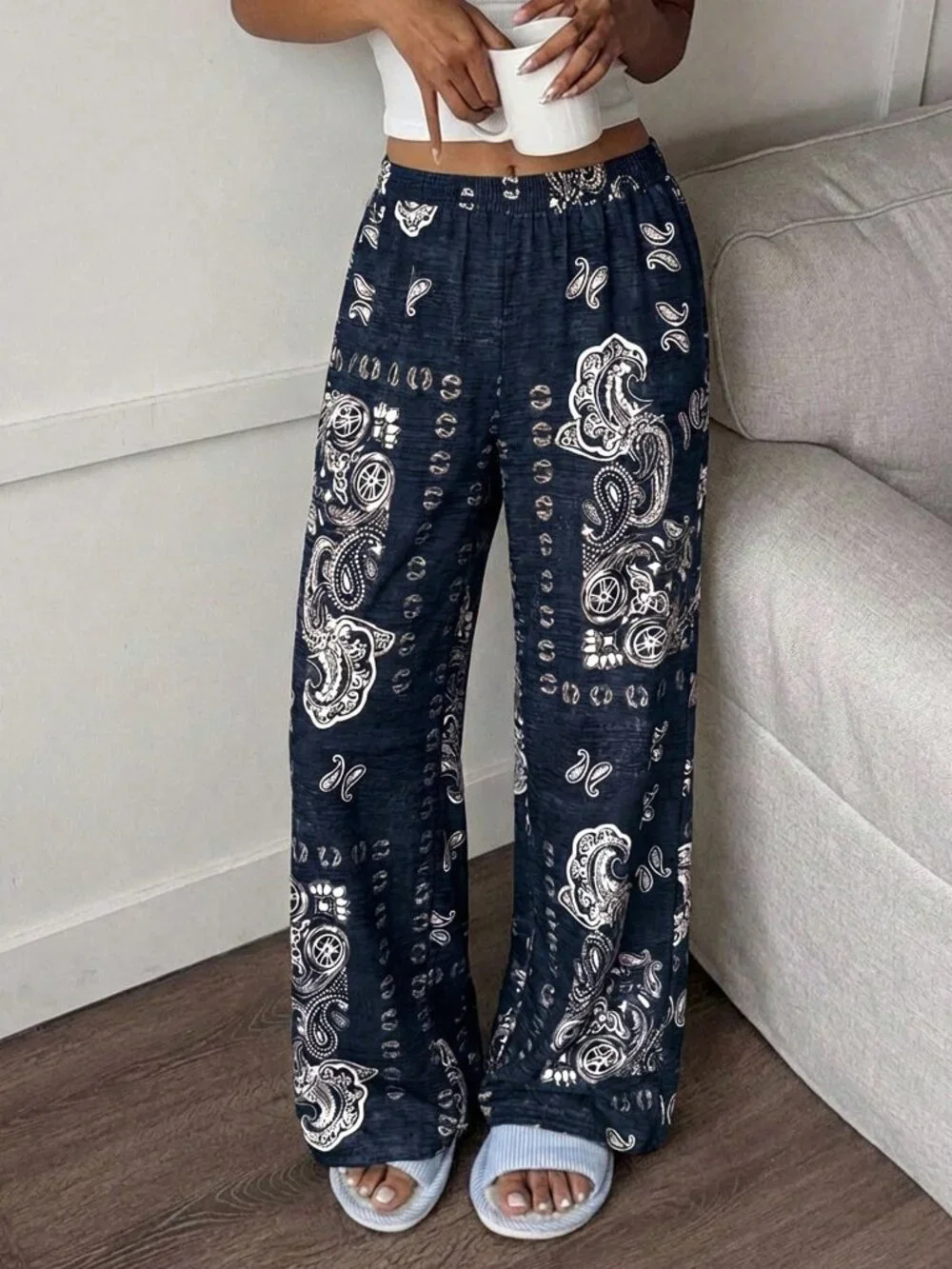 Navy Blue Boho Women's Long Printed Maxi Trousers - Picture 6 of 7